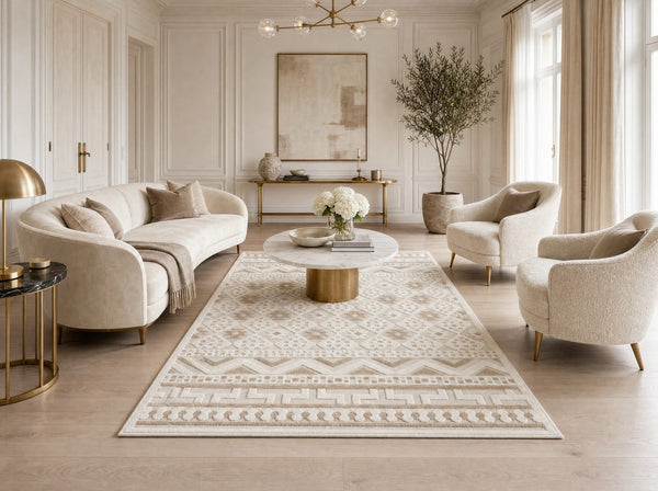 Bohemian 03580A fehér–bézs skandináv szőnyeg nappaliban – AsteliaHome