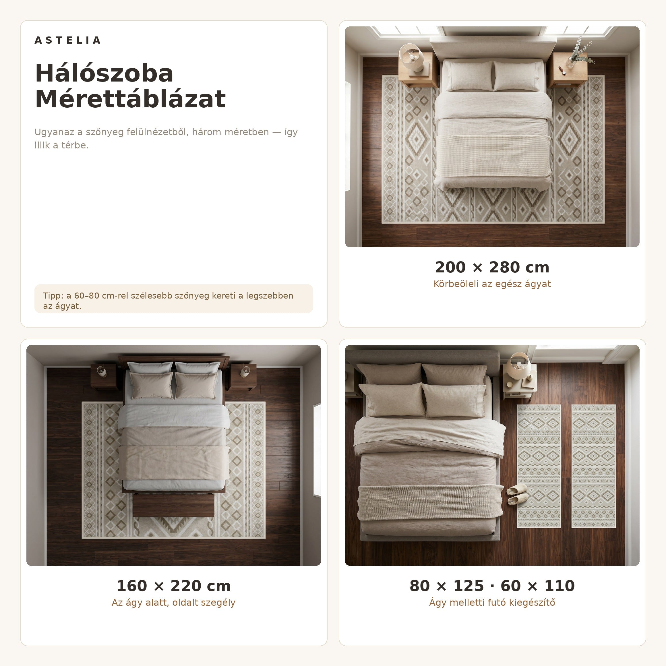 Bohemian 03579A Fehér Bézs szőnyeg hálószoba méretútmutató - AsteliaHome