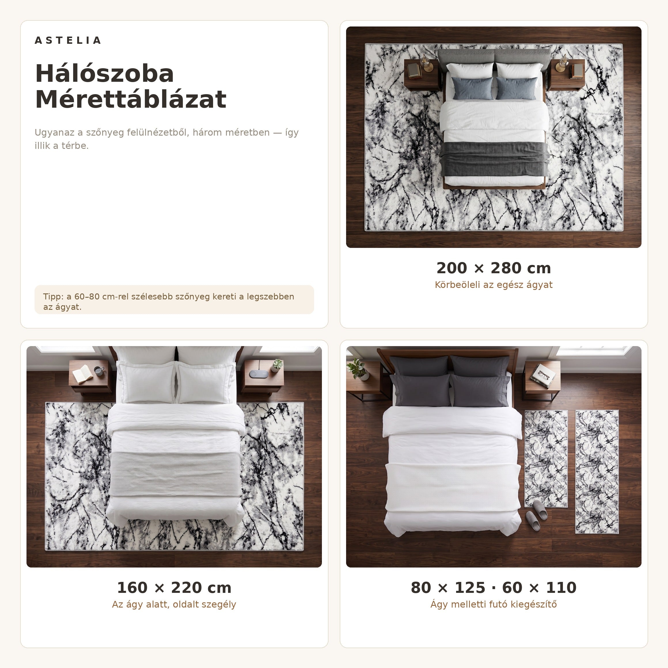 Vitrin 3031 Fehér Fekete szőnyeg hálószoba méretútmutató - AsteliaHome