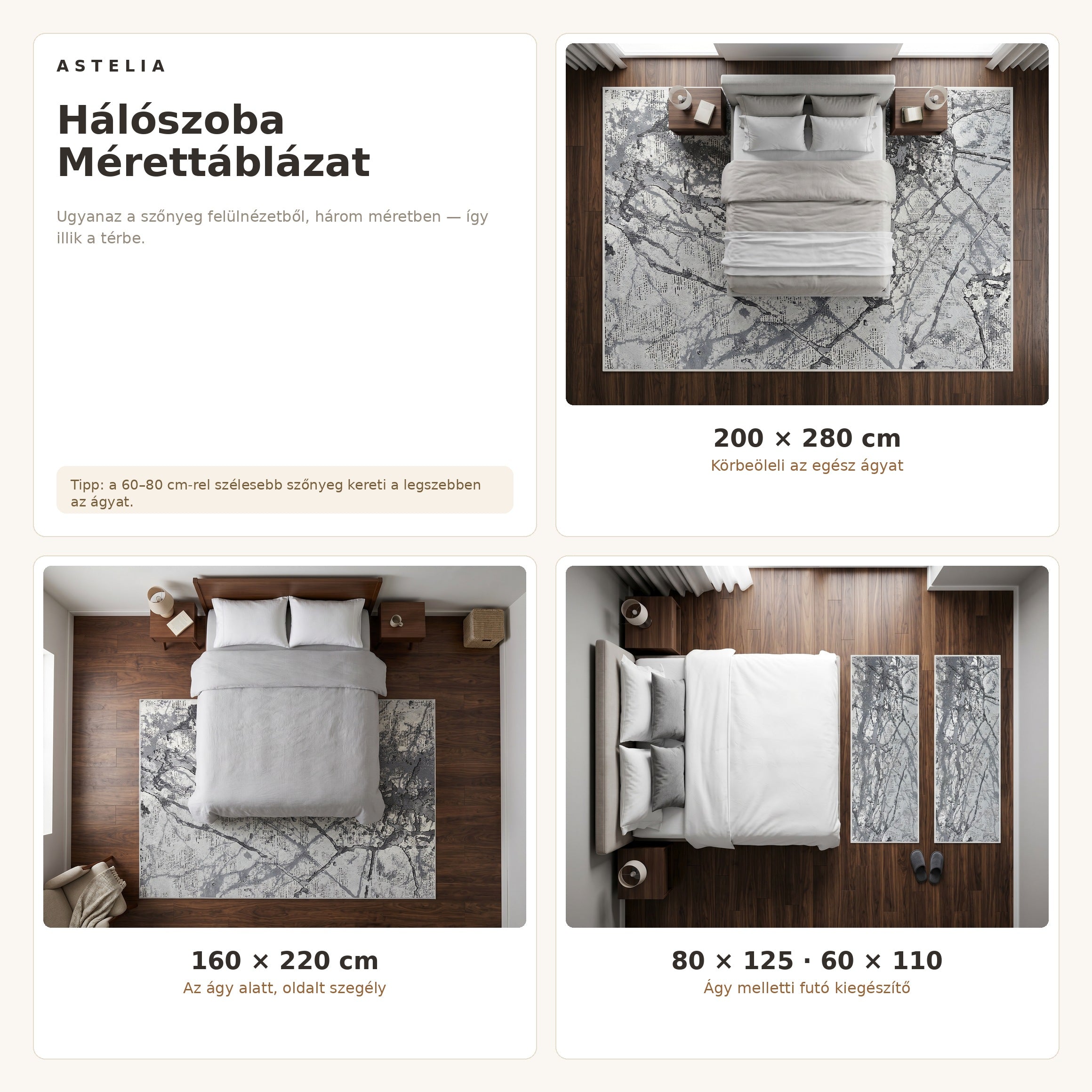 Zara 01855A Szürke szőnyeg hálószoba méretútmutató - AsteliaHome