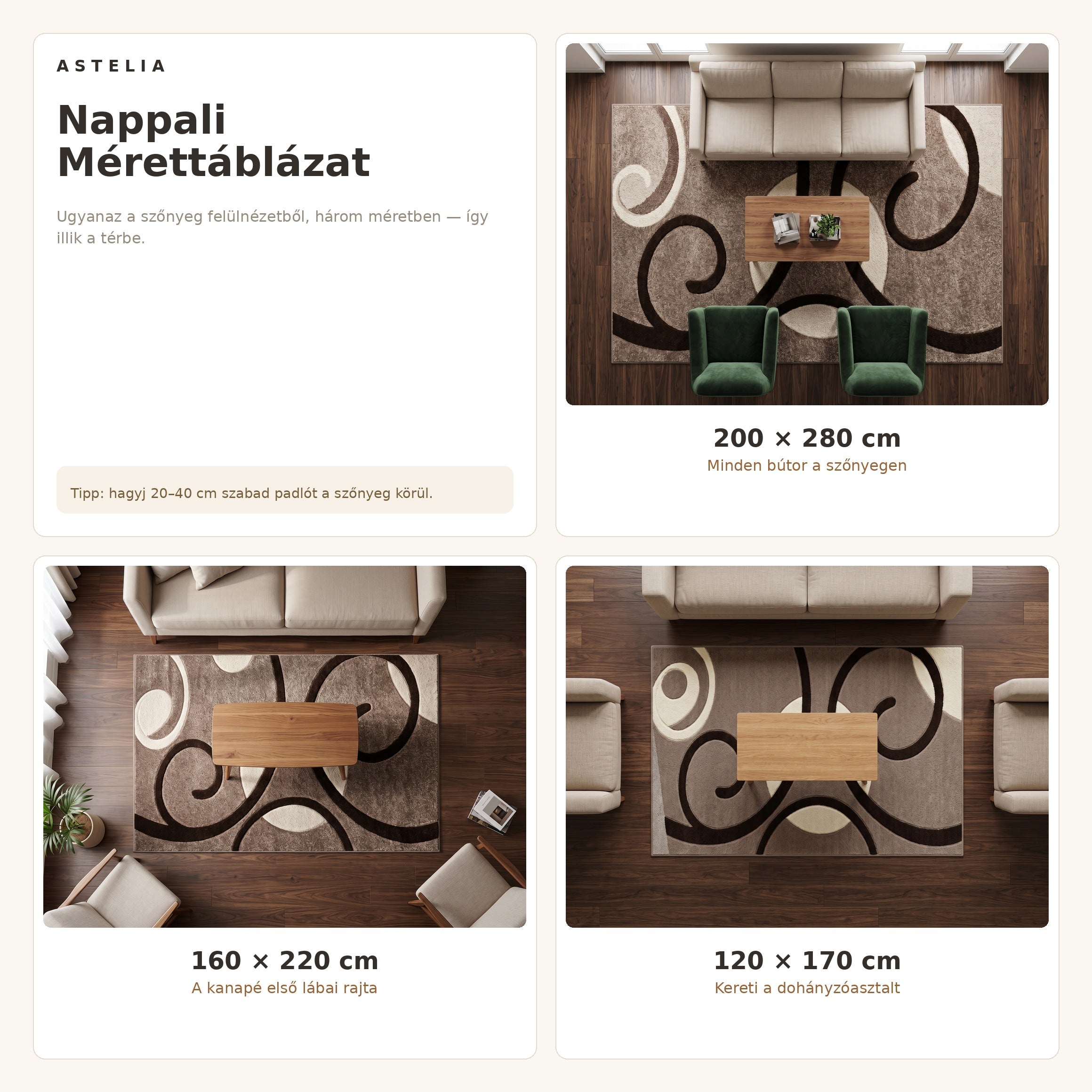 Eylül 01200D Barna szőnyeg nappali méretútmutató - AsteliaHome