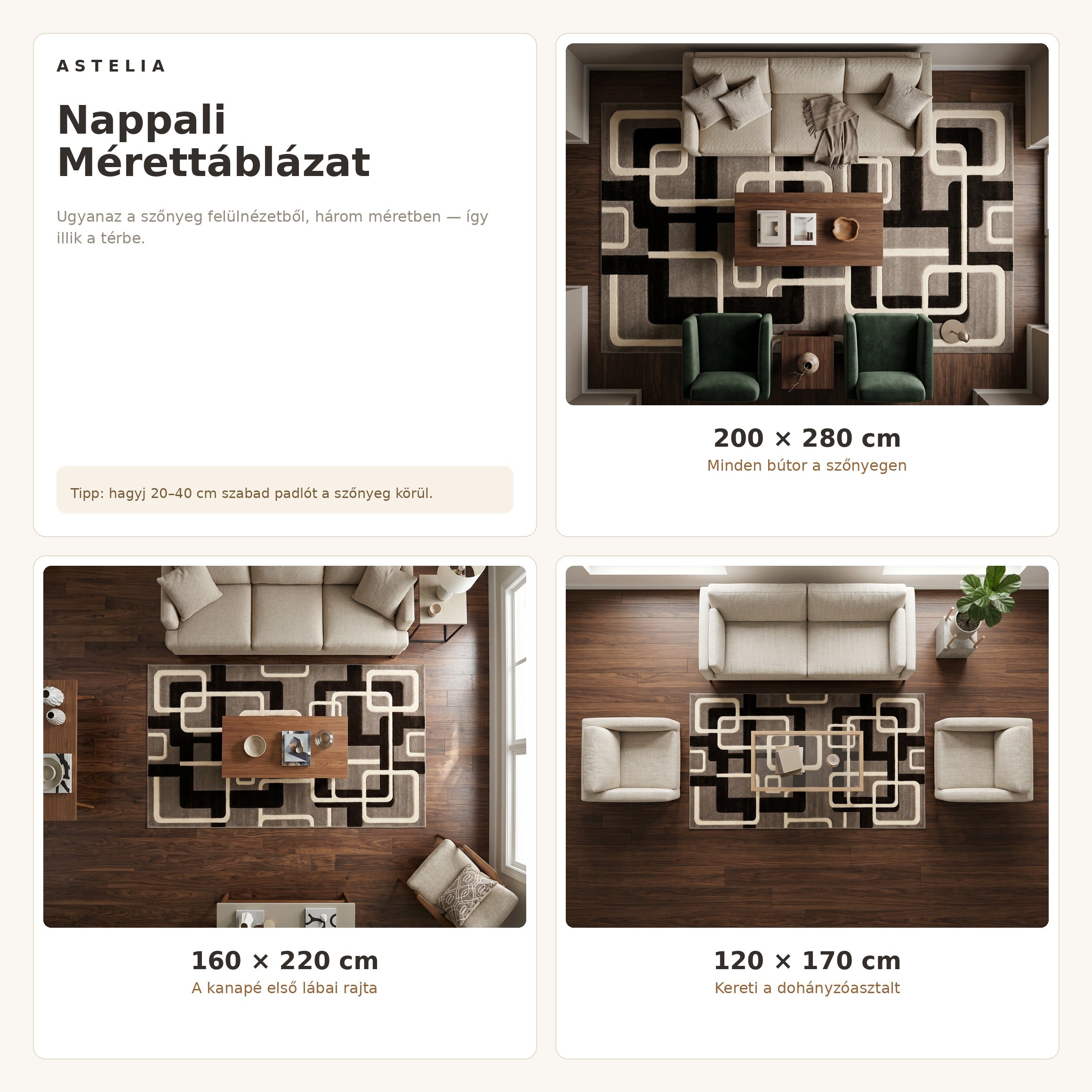 Eylül 01201D Barna szőnyeg nappali méretútmutató - AsteliaHome