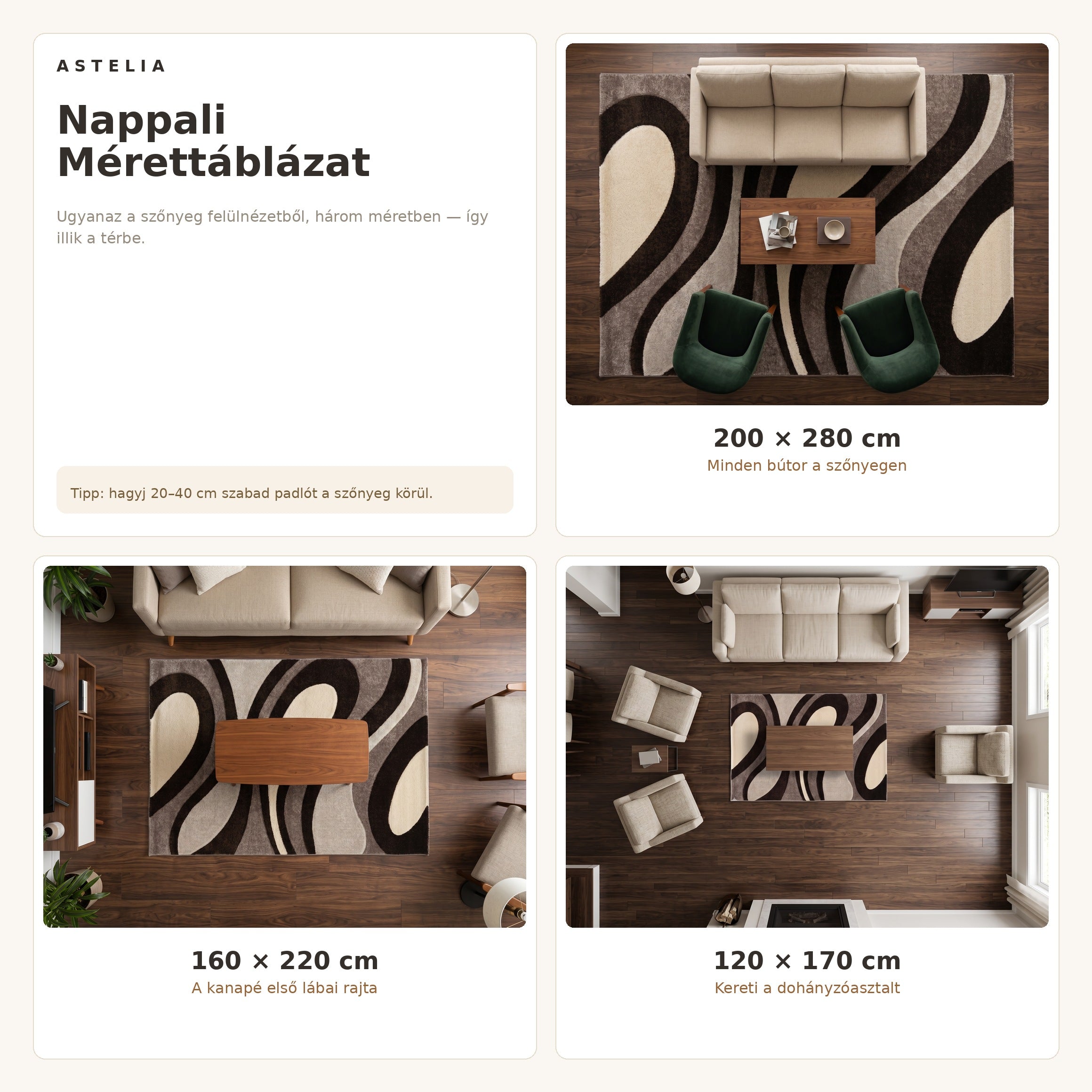 Eylül 01202D Barna Sötétbarna szőnyeg nappali méretútmutató - AsteliaHome