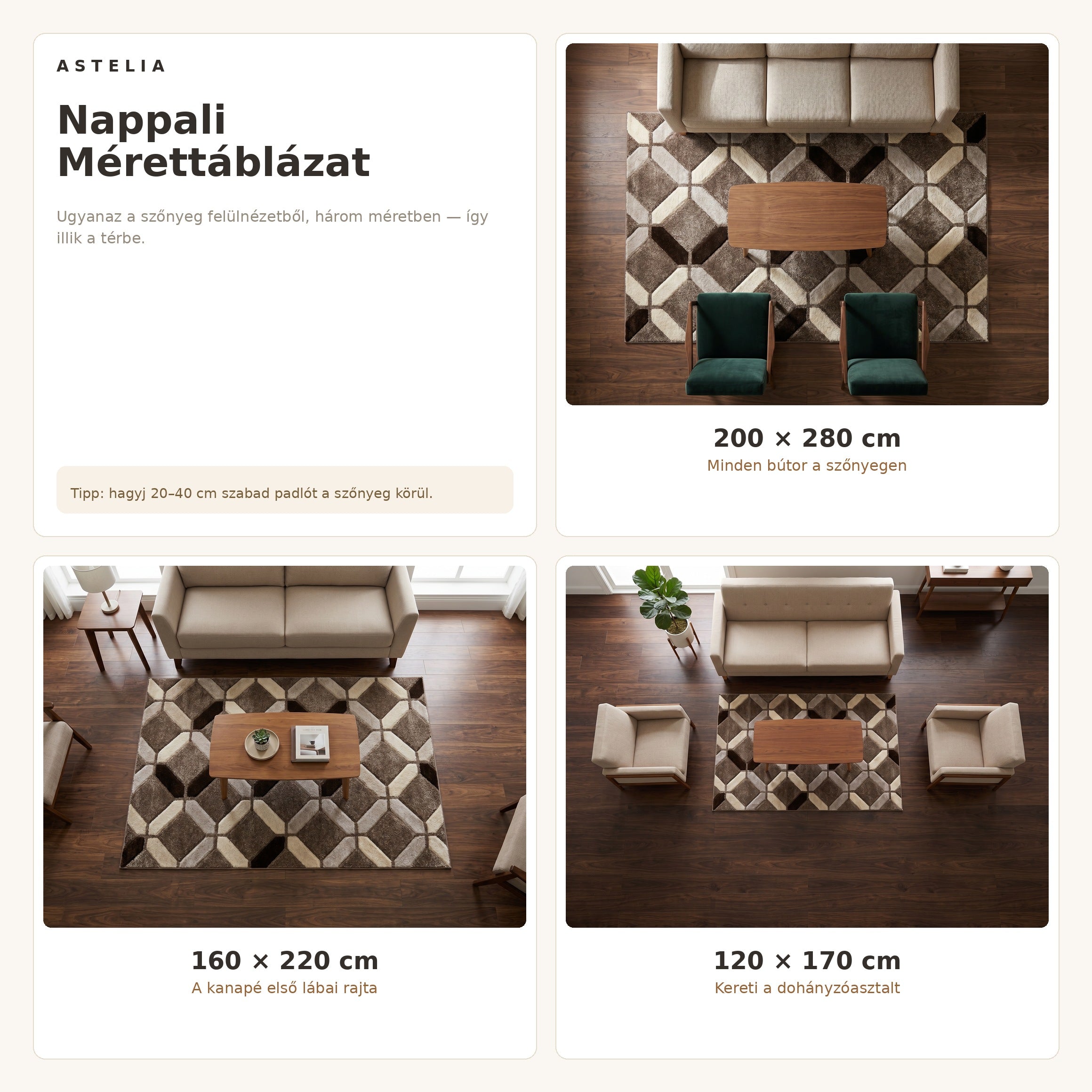 Eylül 01206D Barna szőnyeg nappali méretútmutató - AsteliaHome