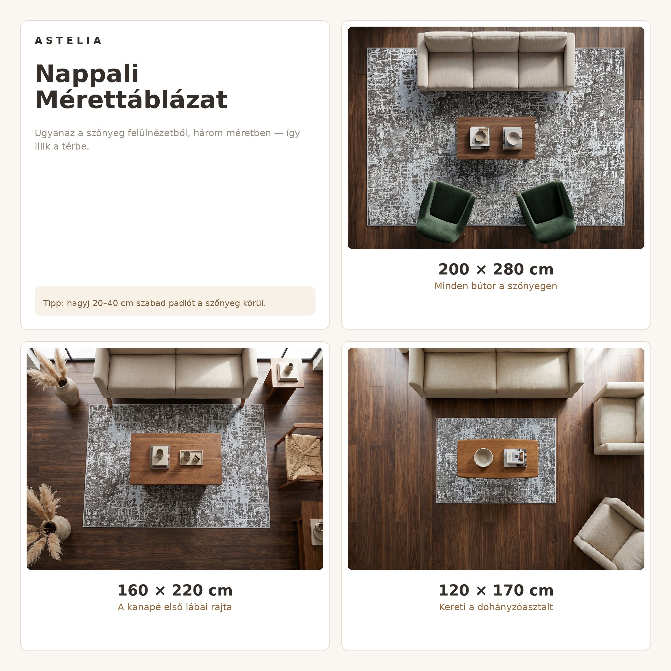 Zara 01850A Szürke szőnyeg nappali méretútmutató - AsteliaHome