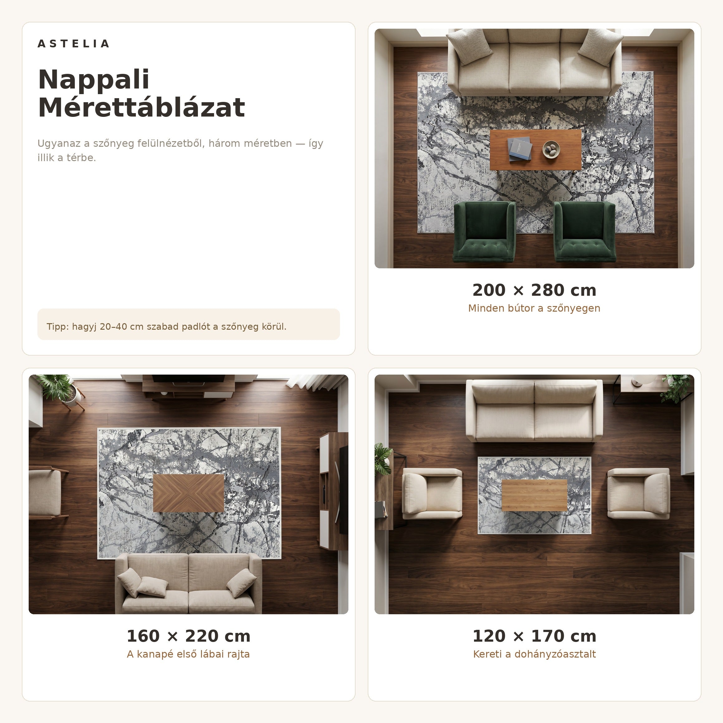 Zara 01855A Szürke szőnyeg nappali méretútmutató - AsteliaHome